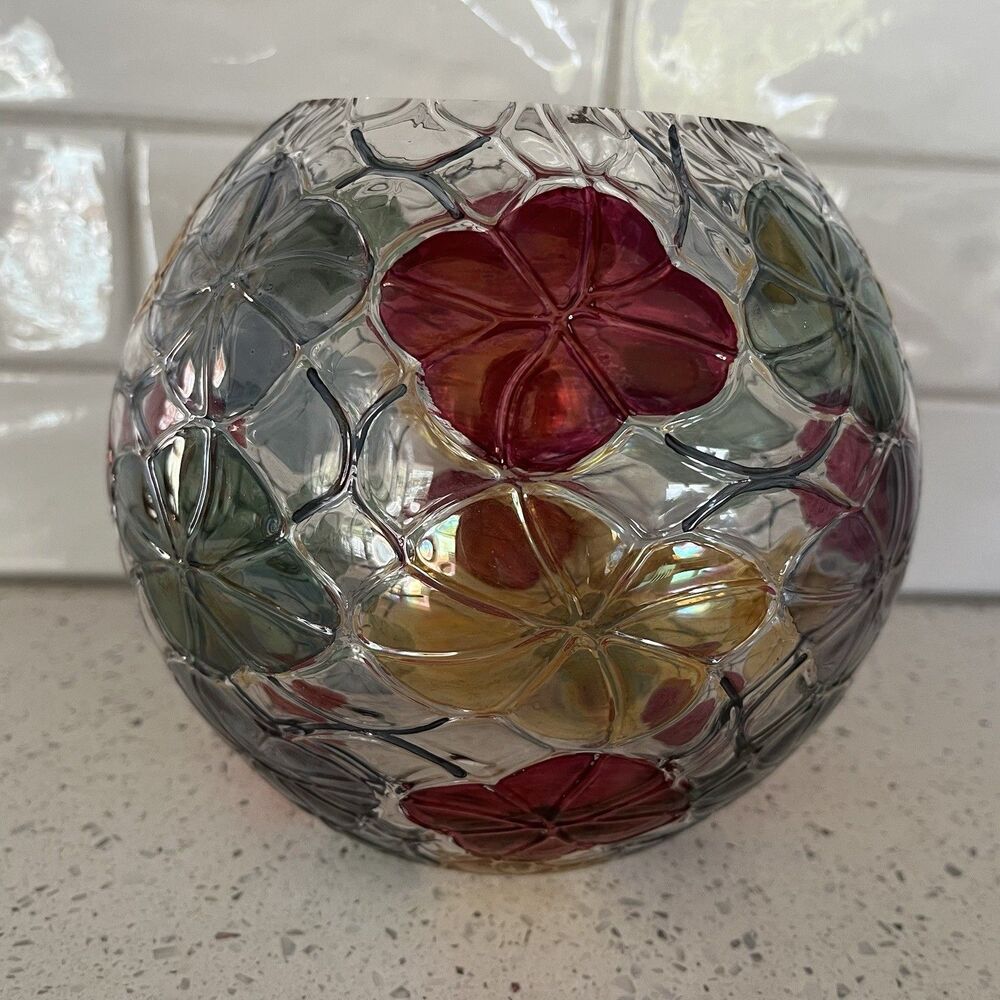Hand Blown Clear Glass Bohemia Vase Made in Czech 6" Tall Hand Painted Flowers